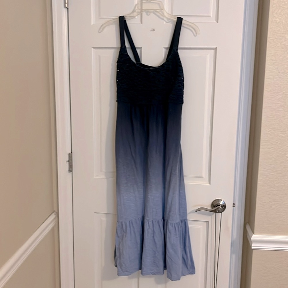 Like new, Blue ombré summer dress with crochet top. Calf length, size 6